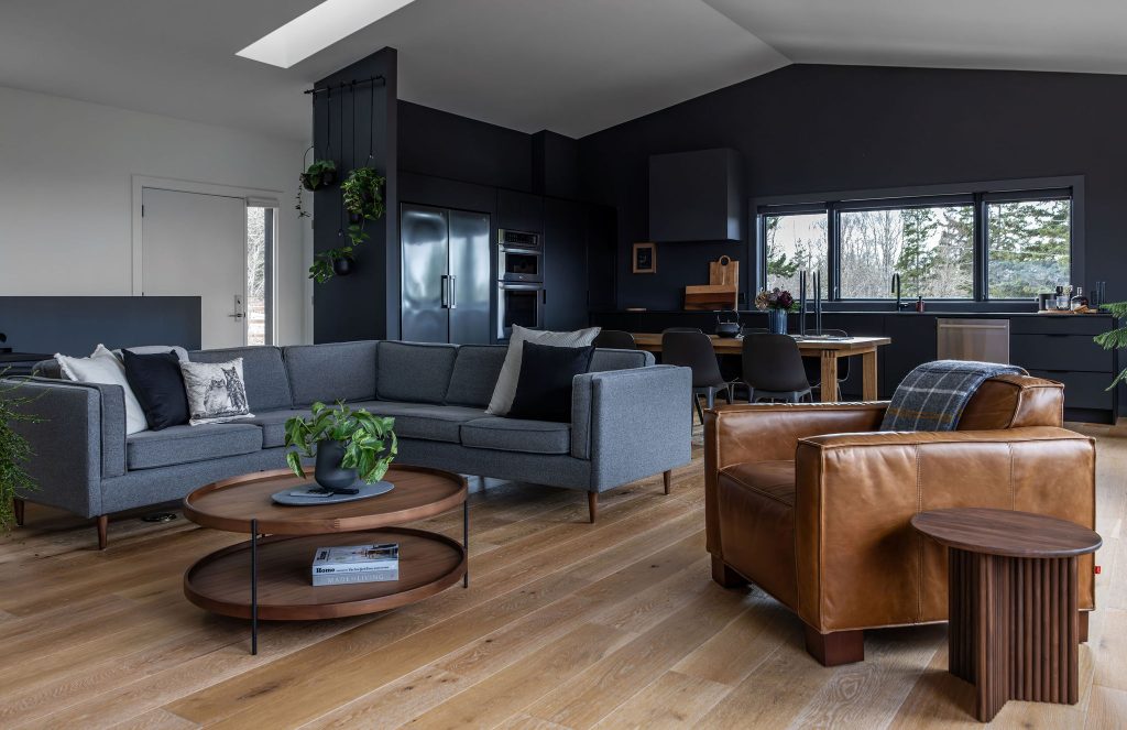 Cozy modern open-concept living room and kitchen