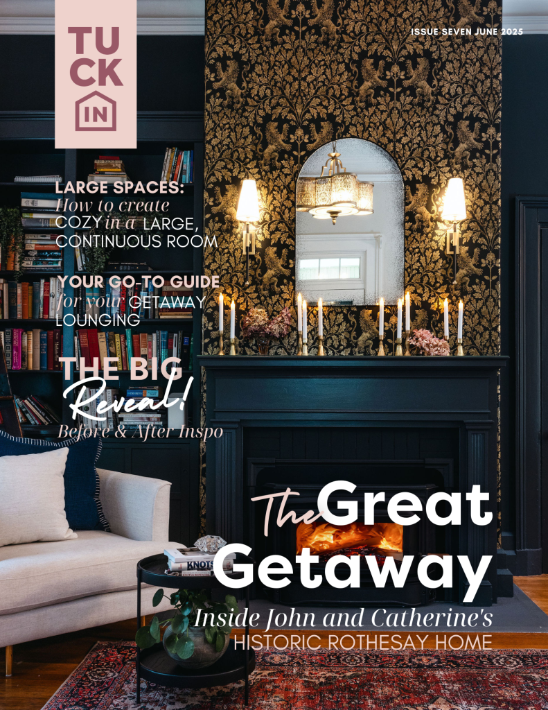 TUCK IN Issue Seven cover showing a styled living room with a black fireplace, gold wallpaper, and design feature highlights.