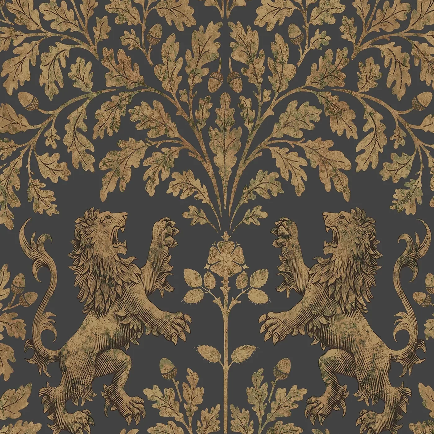 A richly detailed wallpaper design by Cole & Son featuring two heraldic lions facing each other amidst an intricate pattern of golden oak leaves and acorns on a dark charcoal background. The antique-style motif evokes a sense of regal tradition and historical grandeur.